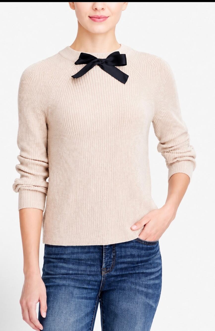 J. Crew Gayle Bow Neck Sweater Heather Natural Merino Wool Blend Size Small